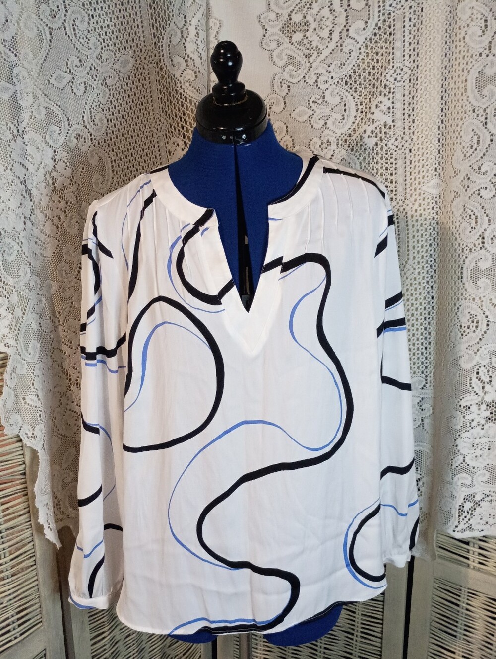 Nine West White V-Neck Blouse with Black and Blue Abstract Swirls